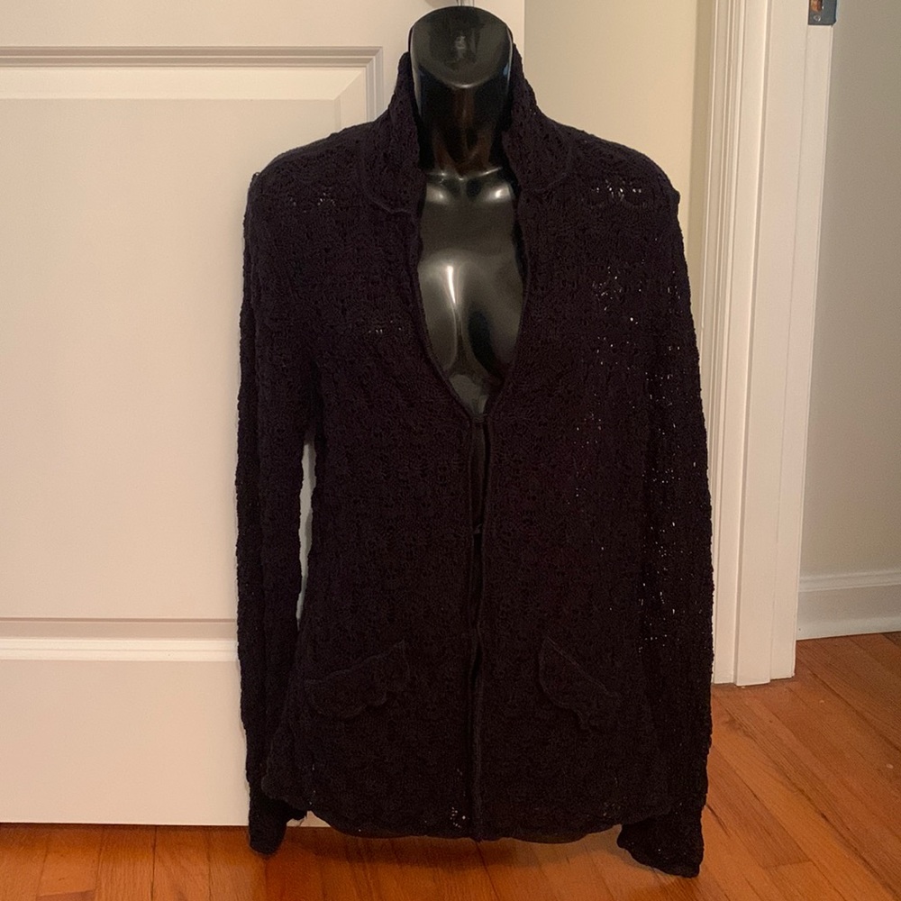 Vintage Handmade Crocheted cardigan, black sweater, Small excellent condition